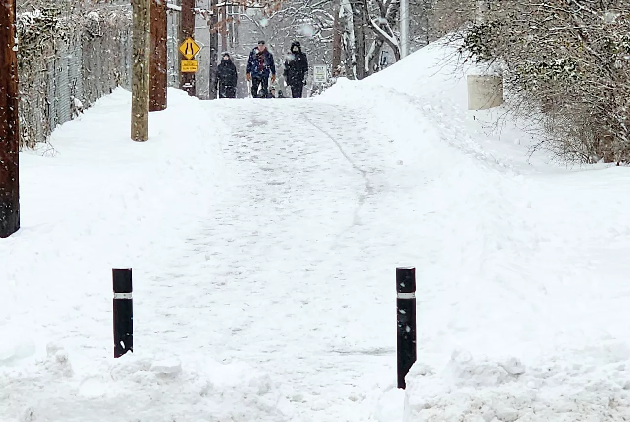 Snow-covered pathway in Riverdale Park, Maryland after a winter storm, photographed on January 6, 2025. The path is bordered by tall snowbanks, with a few pedestrians in winter attire walking in the distance. Snow continues to fall lightly, and trees and power poles line the background.