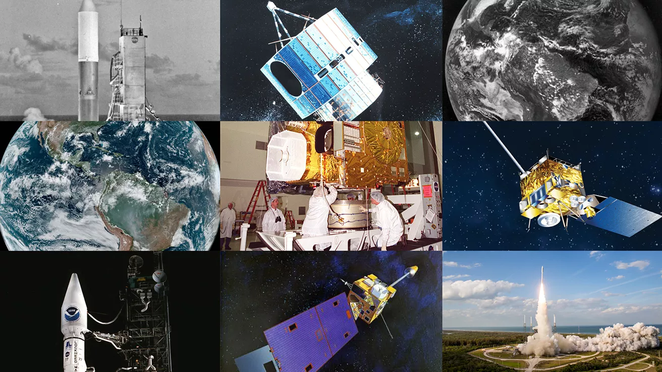 A collage of GOES satellites over the past fifty years.
