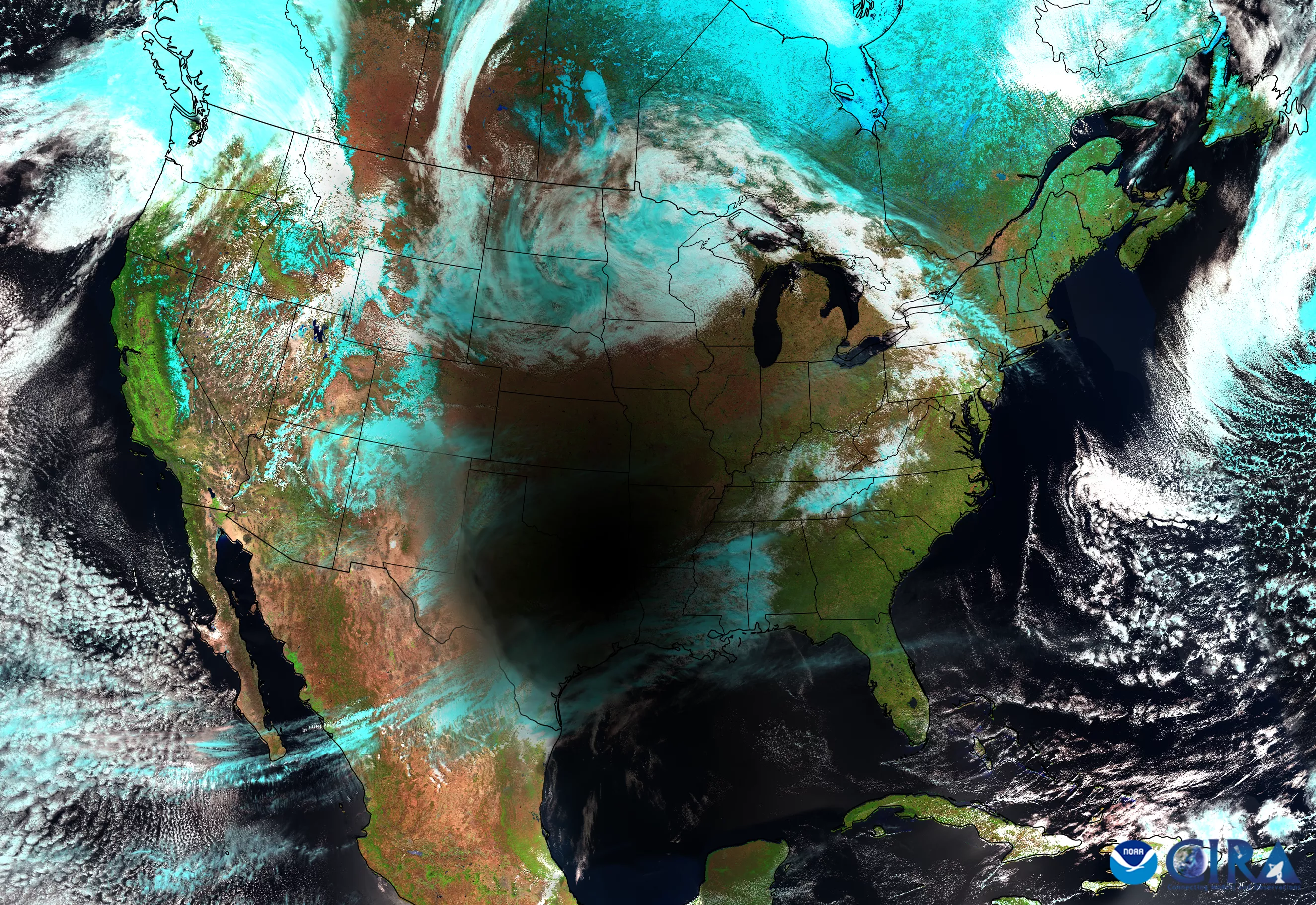 Day-Land-Cloud imagery from NOAA’s JPSS satellites of the total solar eclipse passing over North American on April 8, 2024.