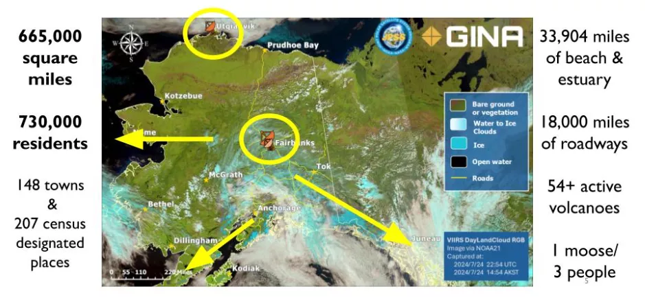 The image above offers a clear view of Alaska’s vast size and unique layout. The circles highlight the network of direct broadcast stations across the state, showing how information flows through antennas to connect remote communities. These stations play a crucial role in supporting organizations and institutions—like universities, the National Weather Service, and decision-makers—ensuring the smooth functioning of daily activities across the region.