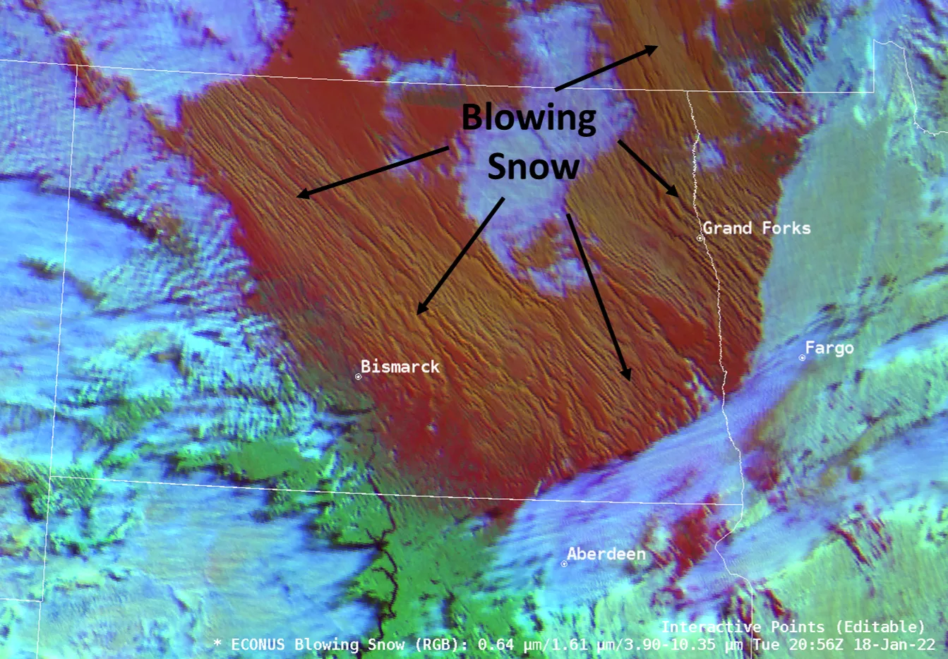 Blowing snow across North Dakota as seen from NOAA’s GOES-16 satellite on January 18, 2022