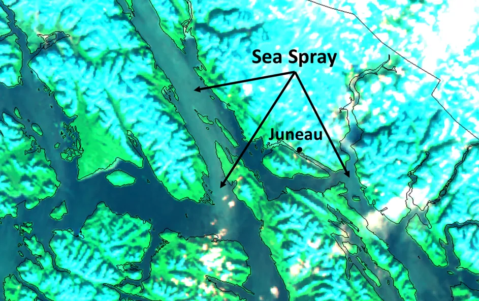 Sea spray near Juneau, Alaska, as seen from the VIIRS instrument on NOAA’s JPSS Program satellites on November 20, 2024