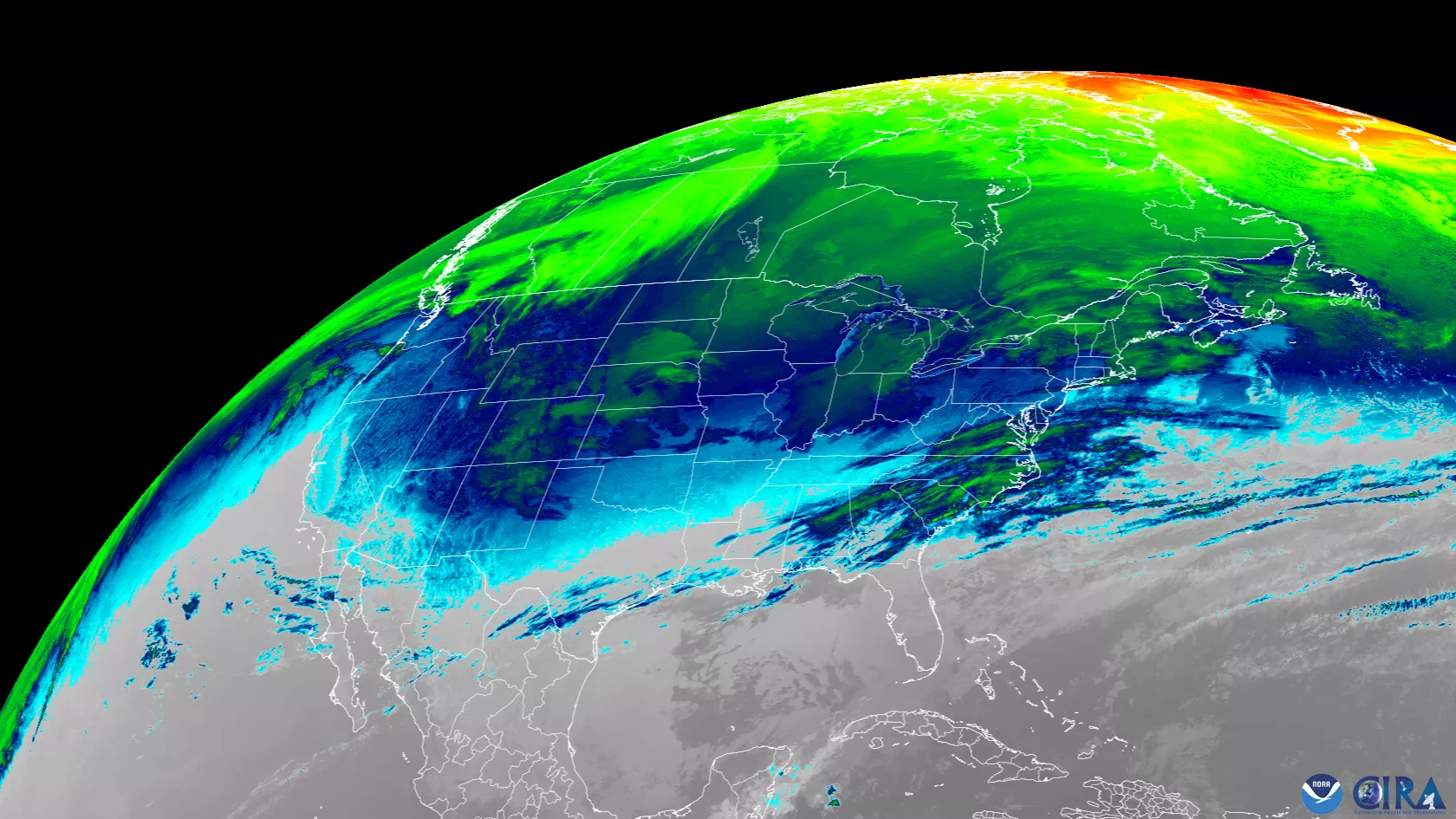 Satellite imagery focusing on North America showing temperature variations across the continent. The imagery, from NOAA’s GOES East (GOES-16) satellite, uses infrared band 12, and a color scale where blue and green hues indicate some of the coldest temperatures. The base map is gray with white country and state borders overlaid. The NOAA and CIRA logos are in the bottom right-hand corner of the frame.
