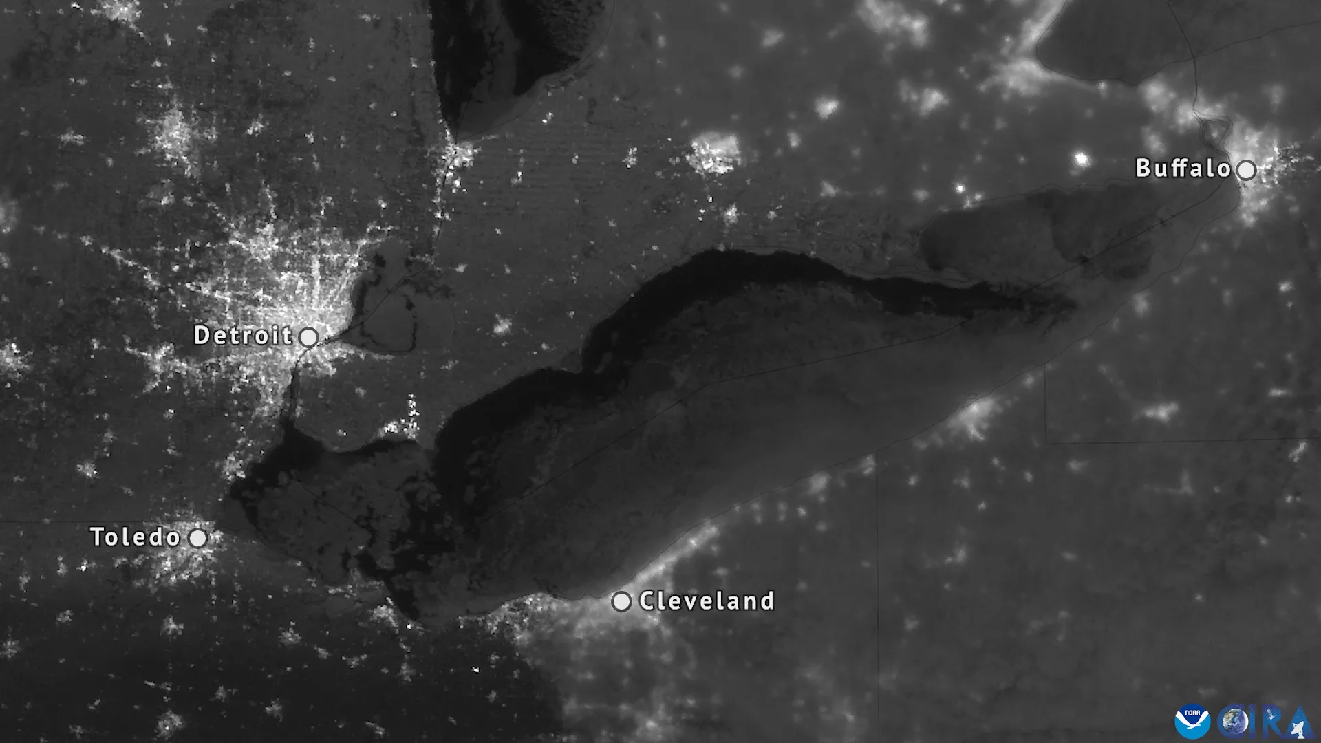 A nighttime view of Lake Erie via NOAA's JPSS satellites. Most of the lake is covered in ice, which can be seen against the dark water since it is reflecting moonlight. 