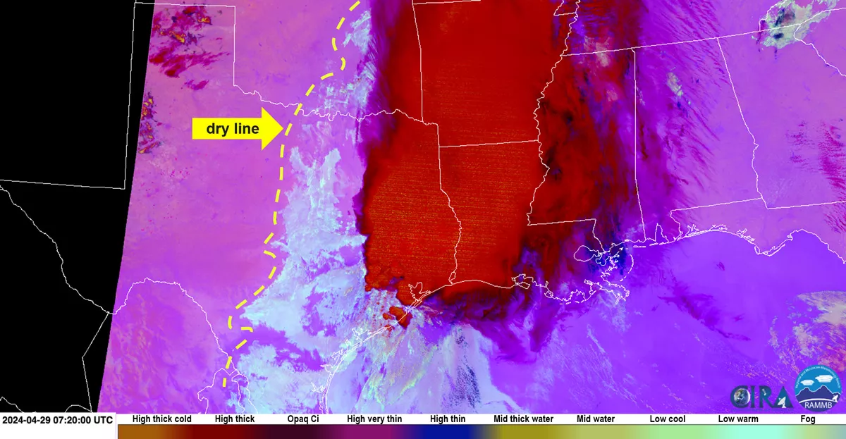 Satellite imagery shows fog (aqua colors) east of a dry line (yellow dashed) that extends north-south through Central Texas and Oklahoma.