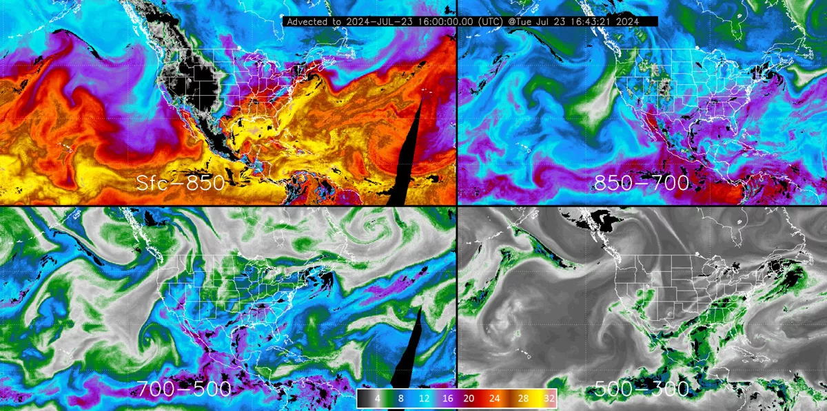 The ALPW product uses vibrant colors to depict atmospheric moisture across four pressure layers, highlighting moisture distribution and movement in the atmosphere.