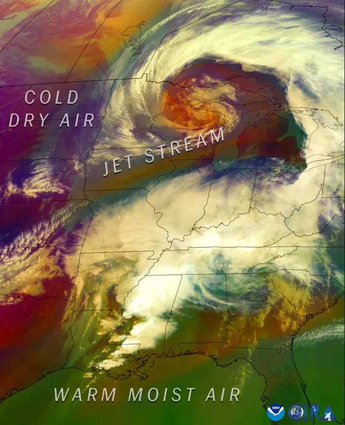 A strong jet stream fueled the intensity of the mid-latitude cyclone. Clashing air masses give rise to a bout of severe weather in the southern US and winter weather conditions in the north of the country.