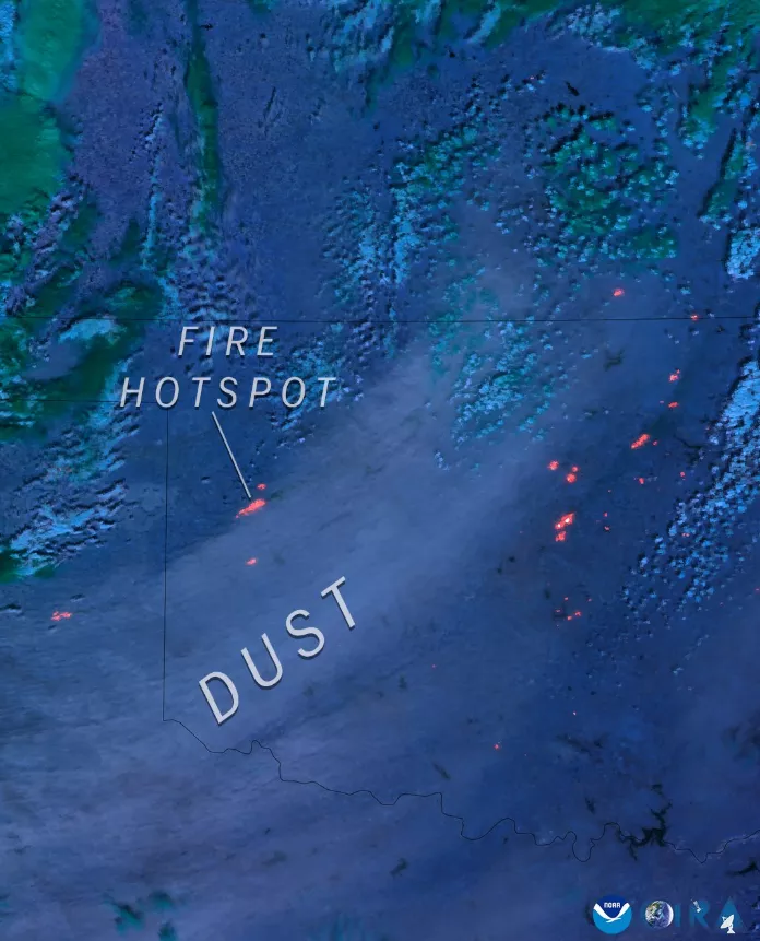 On March 14, 2025, the NOAA-21 satellite detected hotspots from fires in Texas, Oklahoma, and Kansas.