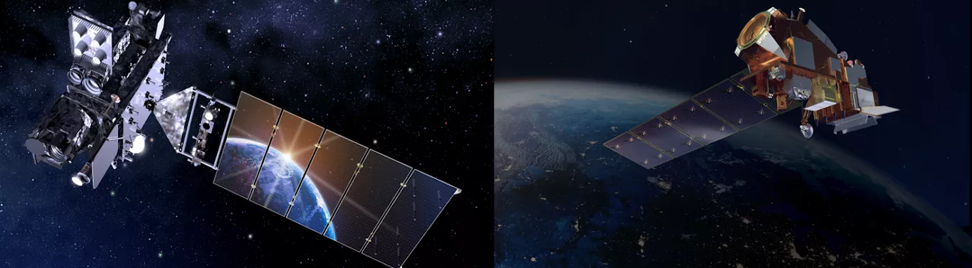 An artist's rendering of the GOES and JPSS satellites