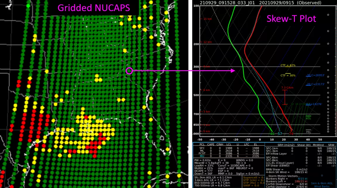 The image displays Gridded NUCAPS data on the left, with satellite retrievals marked by green, yellow, and red dots, and a corresponding Skew-T plot on the right.