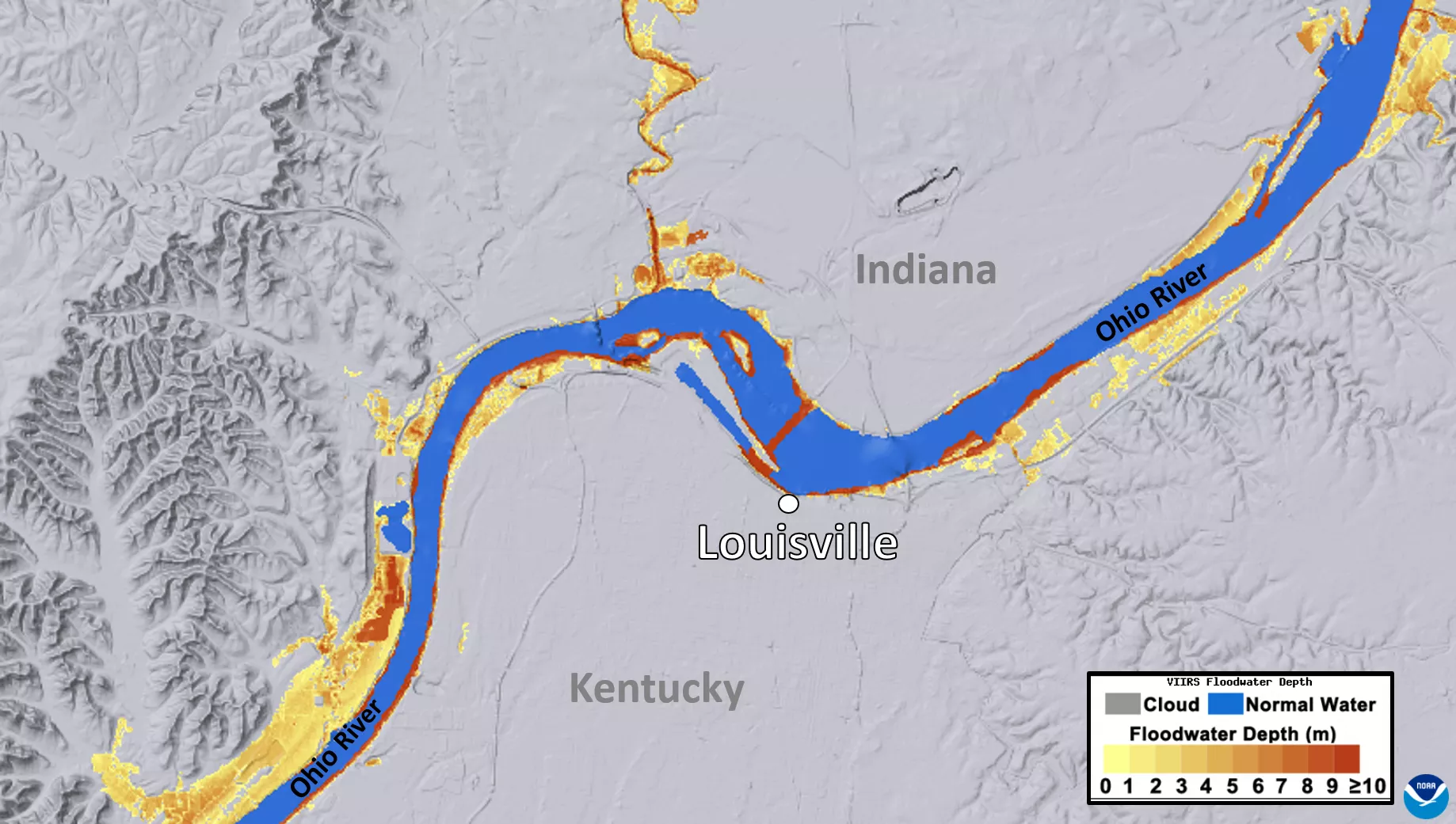 Flood imagery via NOAA's JPSS Program satellites shows places where flooding has occurred along the Ohio River on April 7, 2025.