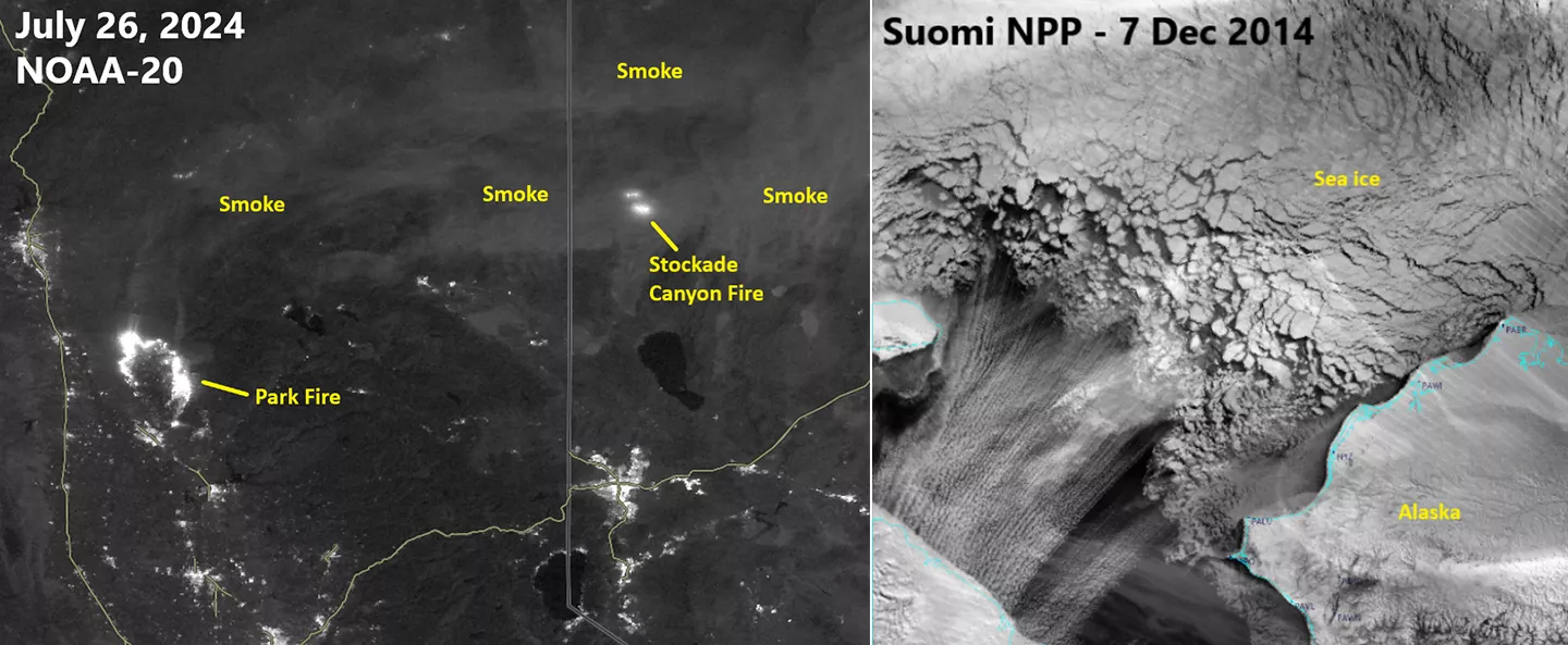 Left photo: NOAA-20 VIIRS image from July 26, 2024, shows nighttime detections of the Park Fire in northern California and the Stockade Canyon Fire further east. Bright white areas indicate active fire zones, while widespread gray plumes labeled "Smoke" show smoke drifting across multiple states. City lights are visible throughout the region. Right photo: Suomi NPP VIIRS DNB image from December 7, 2014, shows dense sea ice off the coast of Alaska. The textured ice patterns contrast with open water, while cl