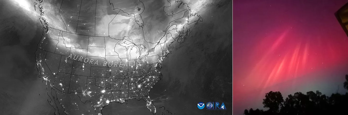 Left: A VIIRS DNB grayscale image shows the aurora borealis stretching across the northern U.S. and Canada, with city lights visible across North America. NOAA and CIRA logos appear in the bottom right corner. Right: Red aurora lights streak across a starry night sky above silhouetted trees, creating a vivid display of vertical beams and color gradients.