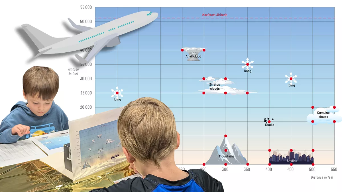 Composite illustration of two boys playing a board game. In the background is the detail image of the game board.