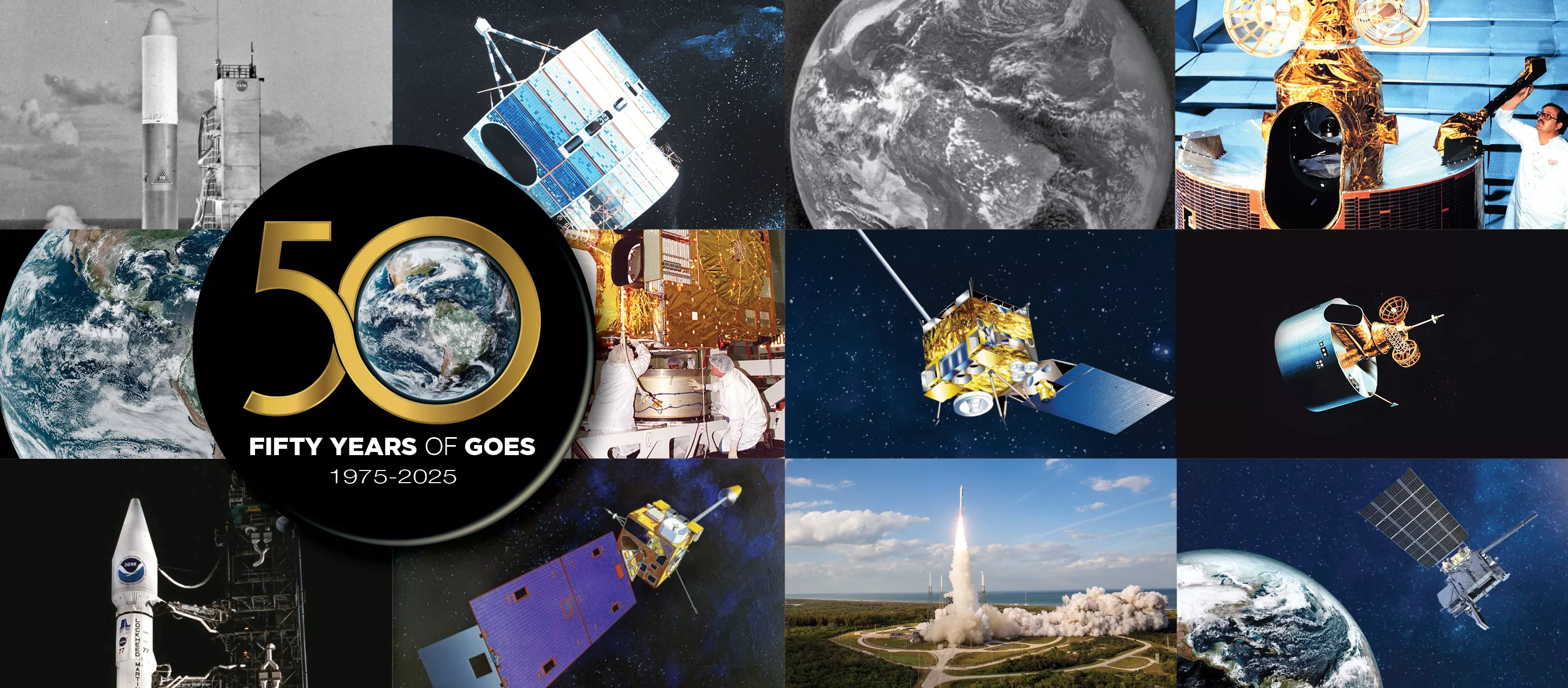 Collage of various images of GOES satellites with the words 50th.
