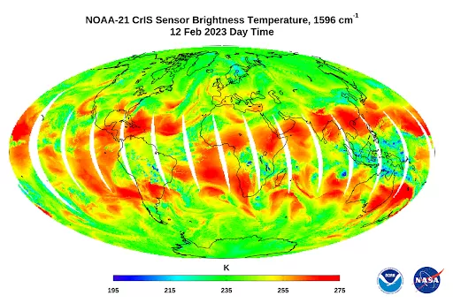 Green, Red, orange and yellow shading of the earth flattened image.