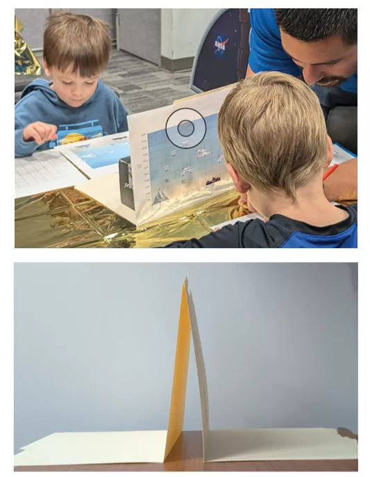 Top photo: two kids playing the board game. Bottom photo: 2 manila folders are propped up against each other.