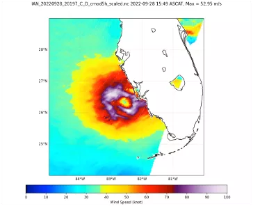 Red, yellow, orange and white imagery of hurricane Ian seen from space.