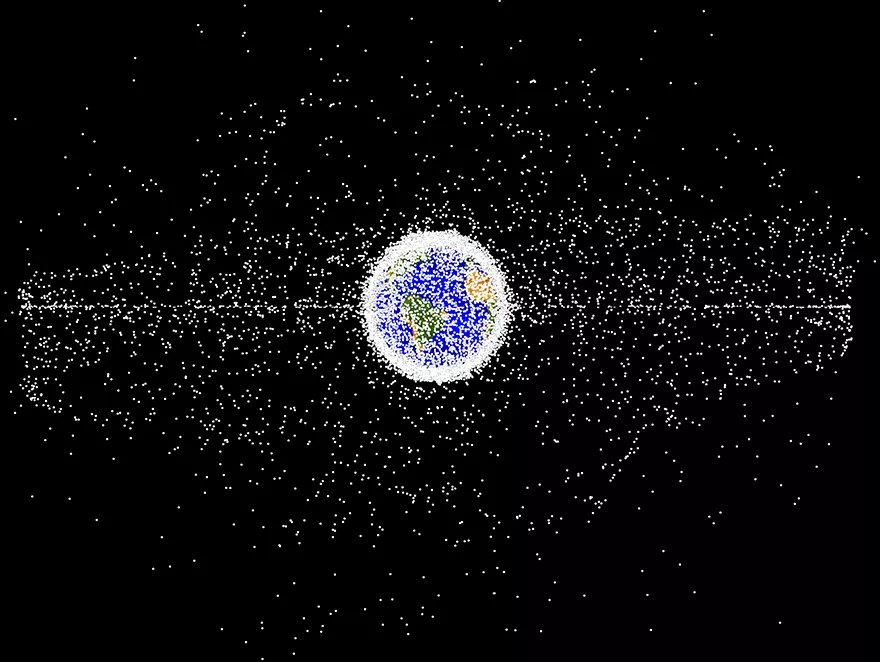 Visualization of the Earth surrounded with tiny white dots.