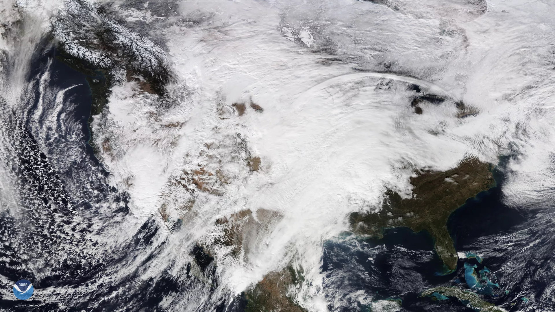 NOAA-20 imagery of the continental United States as it was covered by a large low-pressure system and an upper-level trough coming in from the West in Nov. 2019.