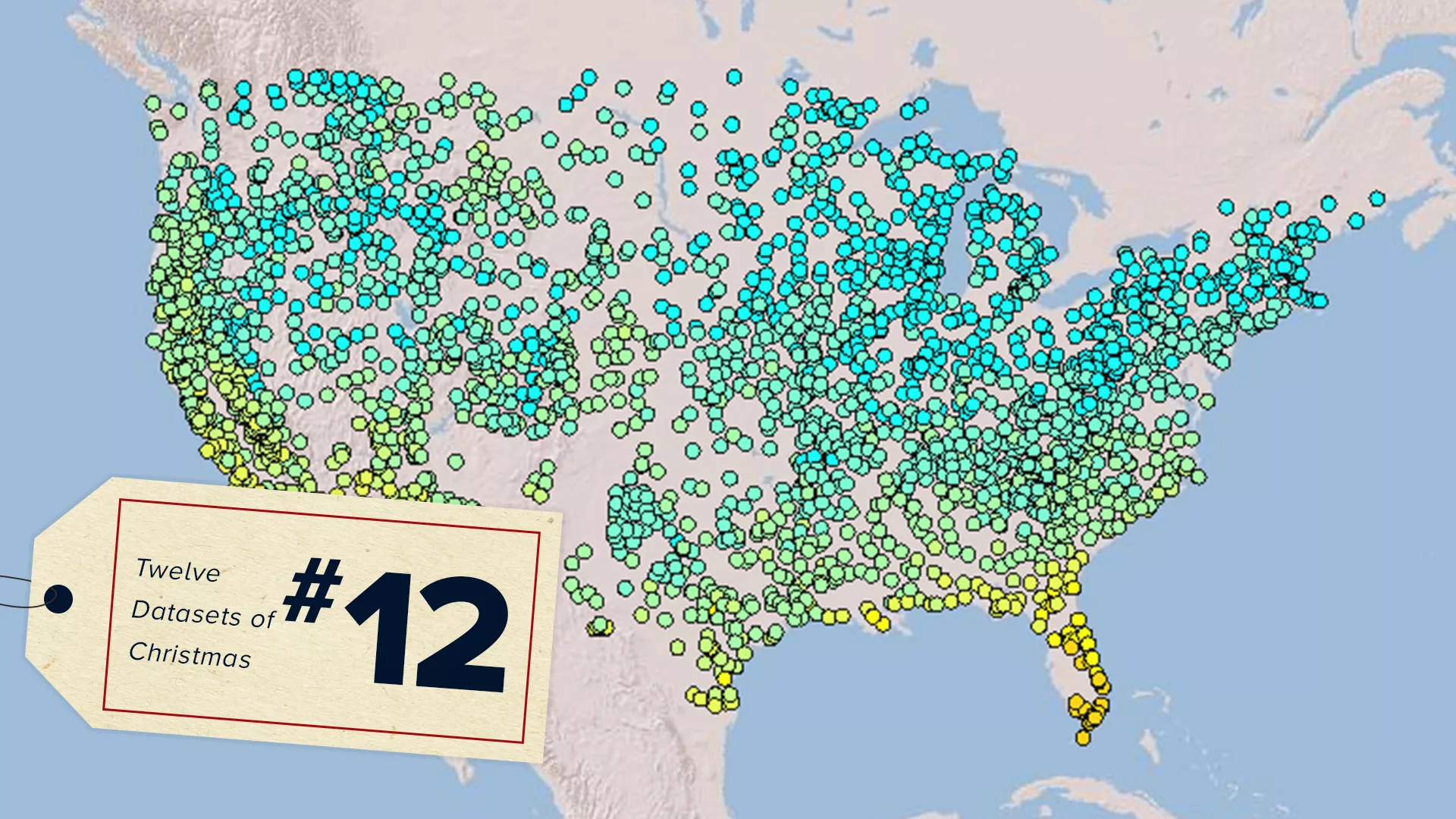 Map of the Continental U.S. with Integrated Surface Database points overlaid, with a #12 tag of the 12 Datasets of Christmas on top. 