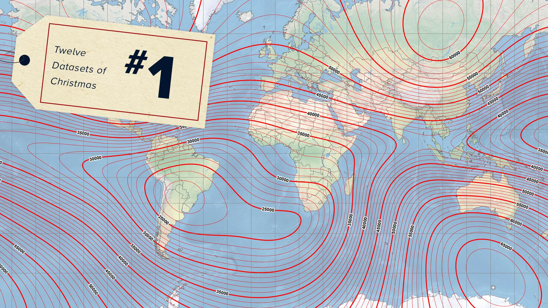 Magellan projection of Earth and magnetic model, with a #1 sticker for the 12 datasets of Christmas on top. 
