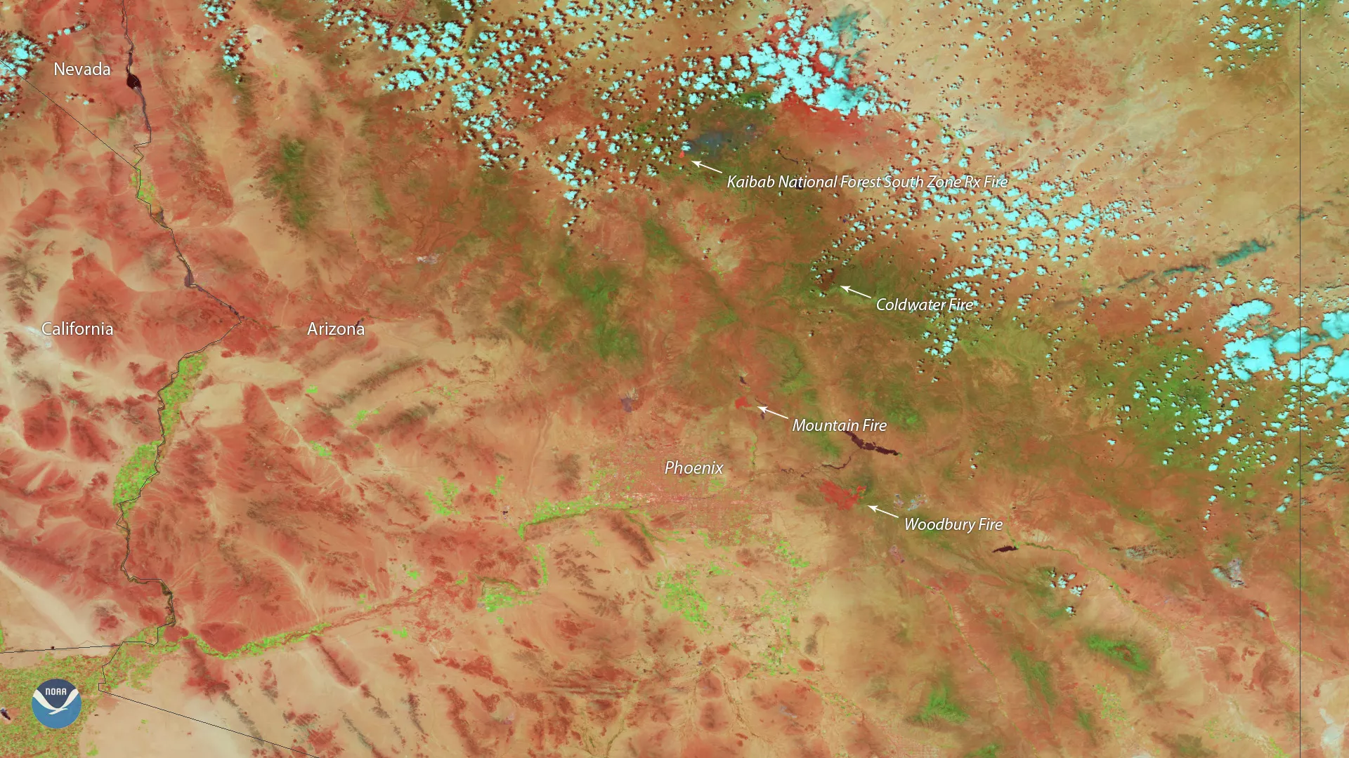 Woodbury Fire, Mountain Fire, Coldwater Fire, and Kaibab National Forest South Zone Fix Fire burning in Arizona.