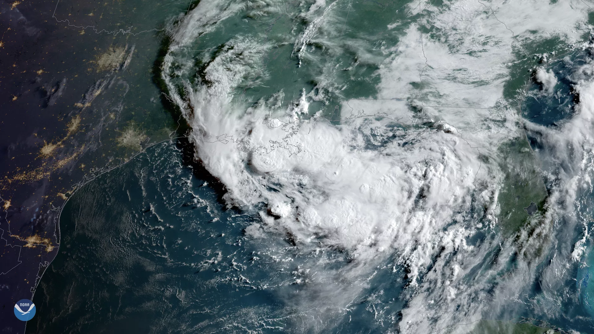GOES East imagery of high cloud tops over Louisiana's Lake Pontchartrain.