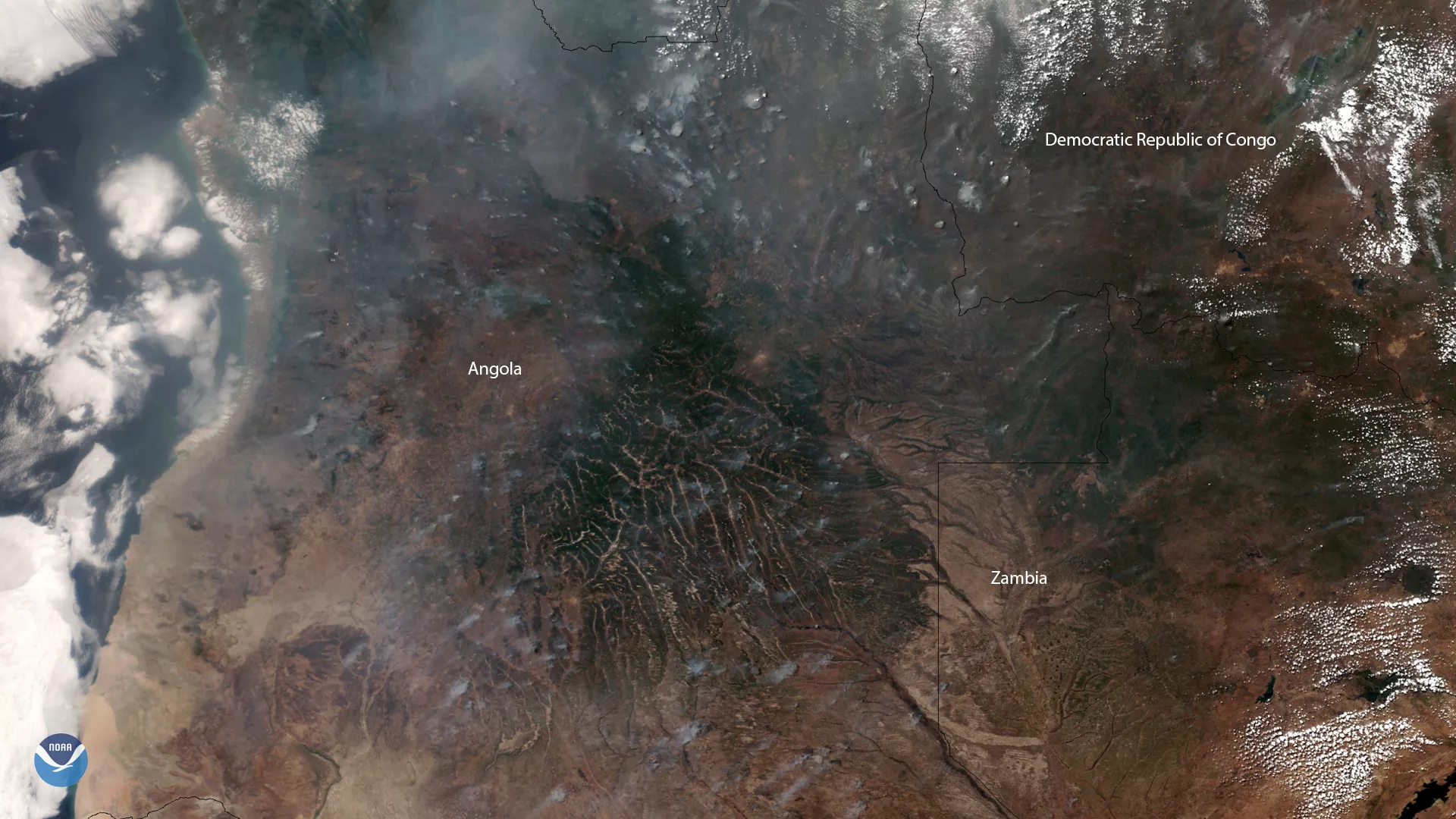 Hazy smoke in Angola, Zambia, and the DRC, via VIIRS true-color imagery taken by NOAA-20 on August 2, 2019.