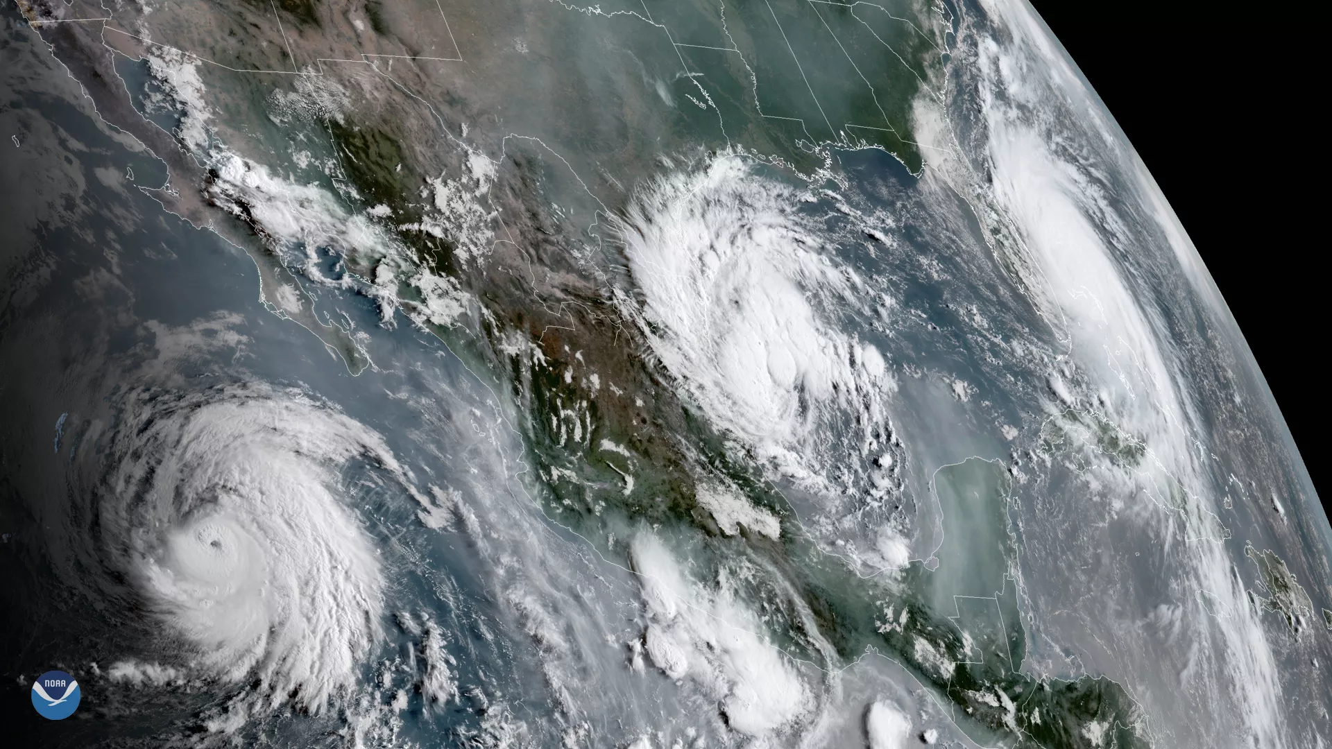 A view from GOES-17 of three tropical systems in the Eastern Pacific and Atlantic basin in September 2019