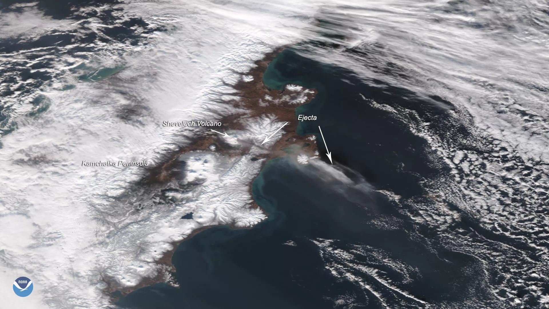 Suomi-NPP TrueColor satellite imagery of the Sheveluch volcano erupting on Nov. 12, 2019. 
