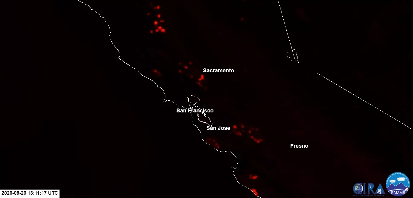 Fire Temperature RGB imagery from GOES West, showing location of fires. 