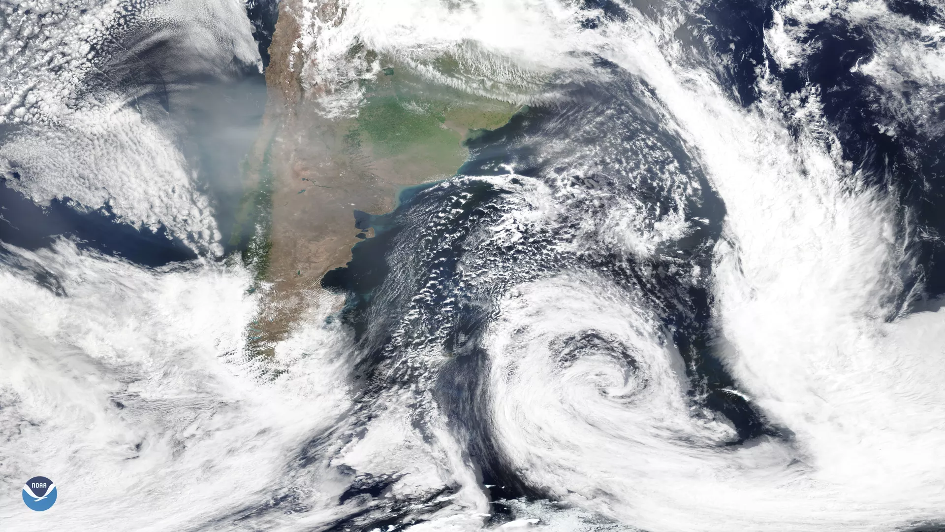 NOAA-20 satellite imagery of the southern tip of South America, with smoke from the Australian bushfires, January 17, 2020. . 