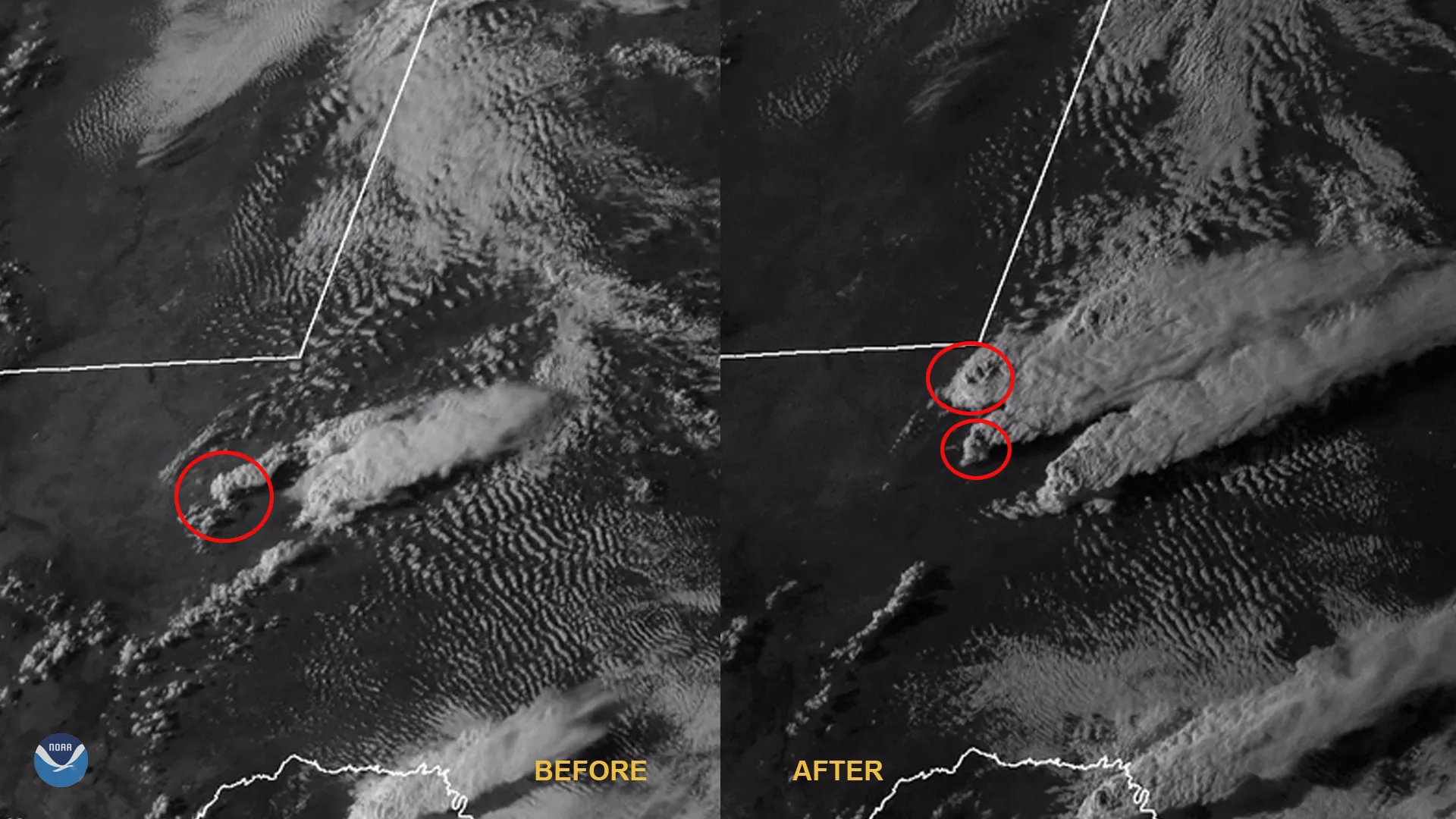 Image of split storms in the U.S.