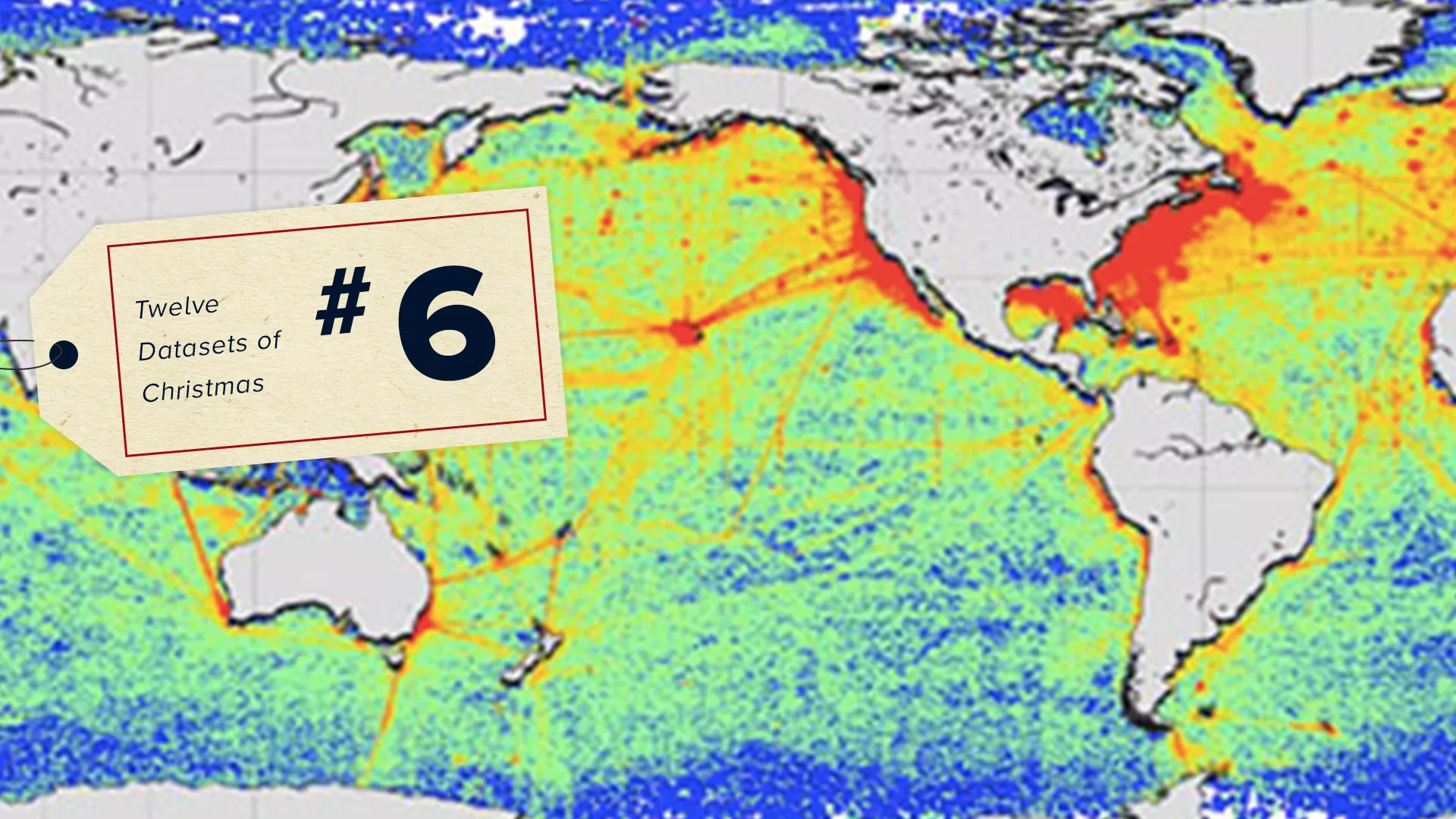 Image of rectangular projection of Earth/World Ocean Database output, showing shipping routes, a #6 tag of the 12 Datasets of Christmas on top.