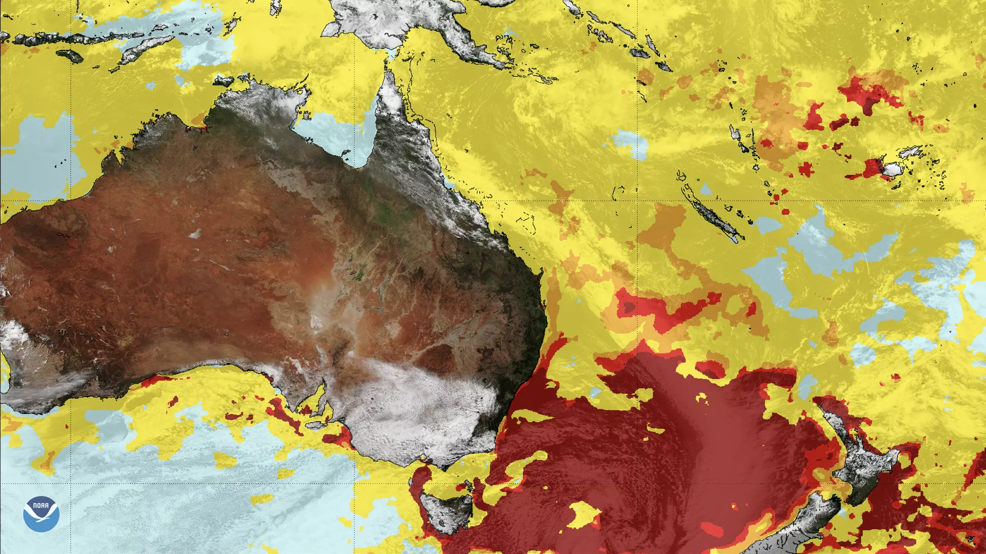 This map of the waters surrounding Australia shows areas where coral bleaching watches and higher levels of alert are present.
