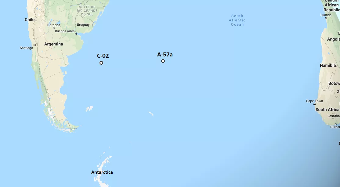 Generic map of Argentina and Atlantic Ocean, with icebergs c-02 and a-57 pinpointed.