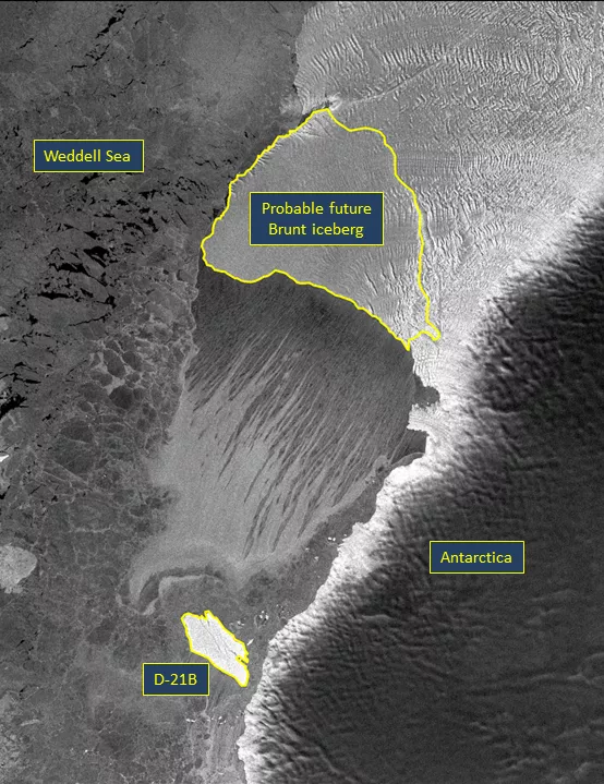 The Brunt Ice Shelf with an outline showing the probable future Brunt iceberg