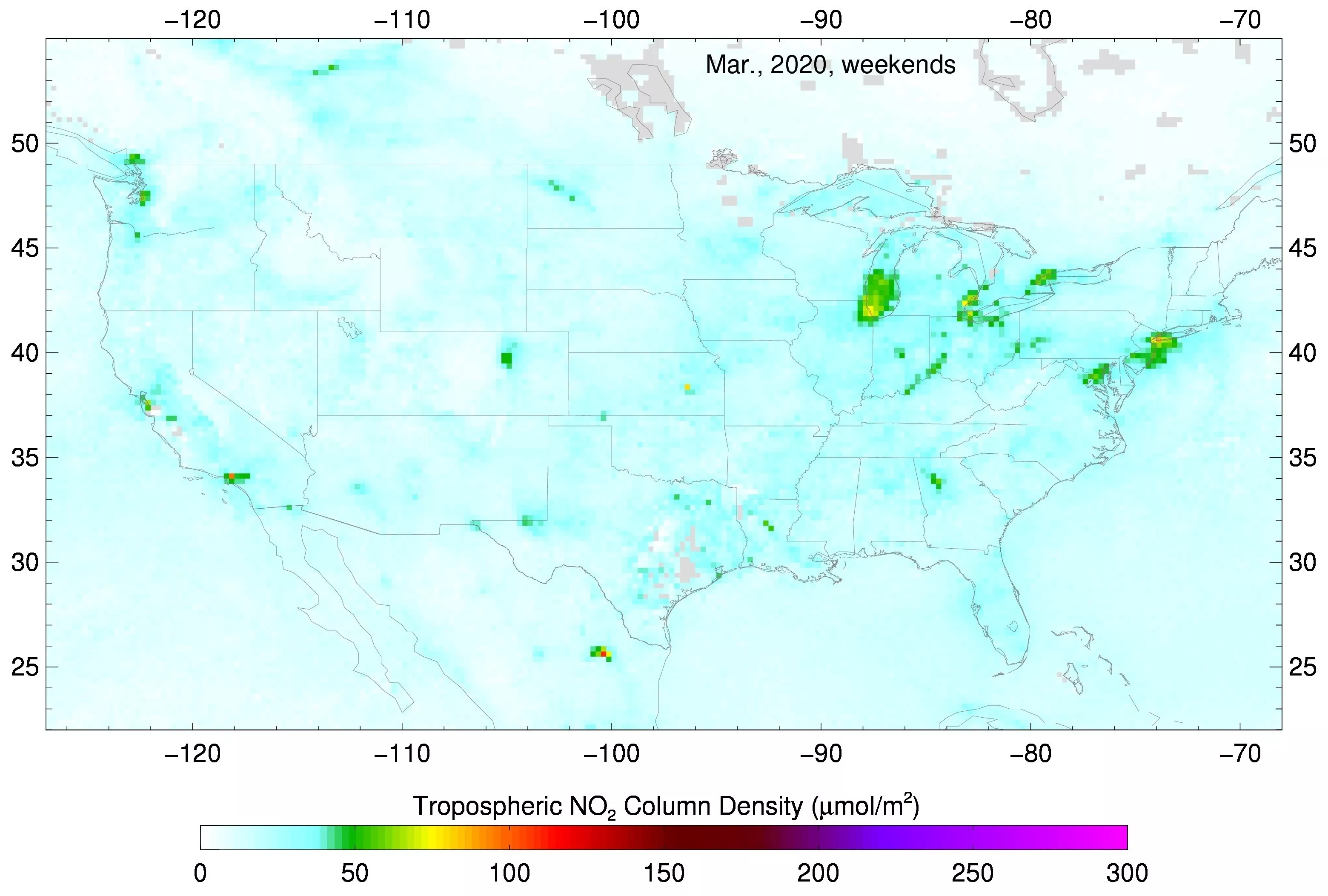 Weekend nitrogen dioxide levels over the US in March 2020, seen in red, yellow and green; levels are even lower than in the March 2020 image; almost no red (indicating highest levels) is visible
