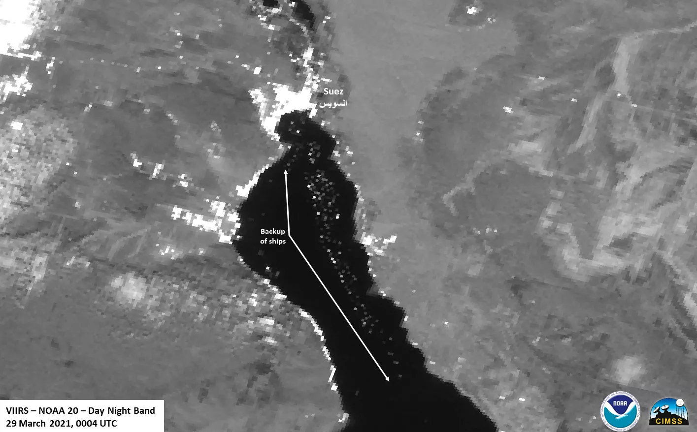 DNB imagery of NOAA-20, capturing backup at Suez Canal in March 2021.