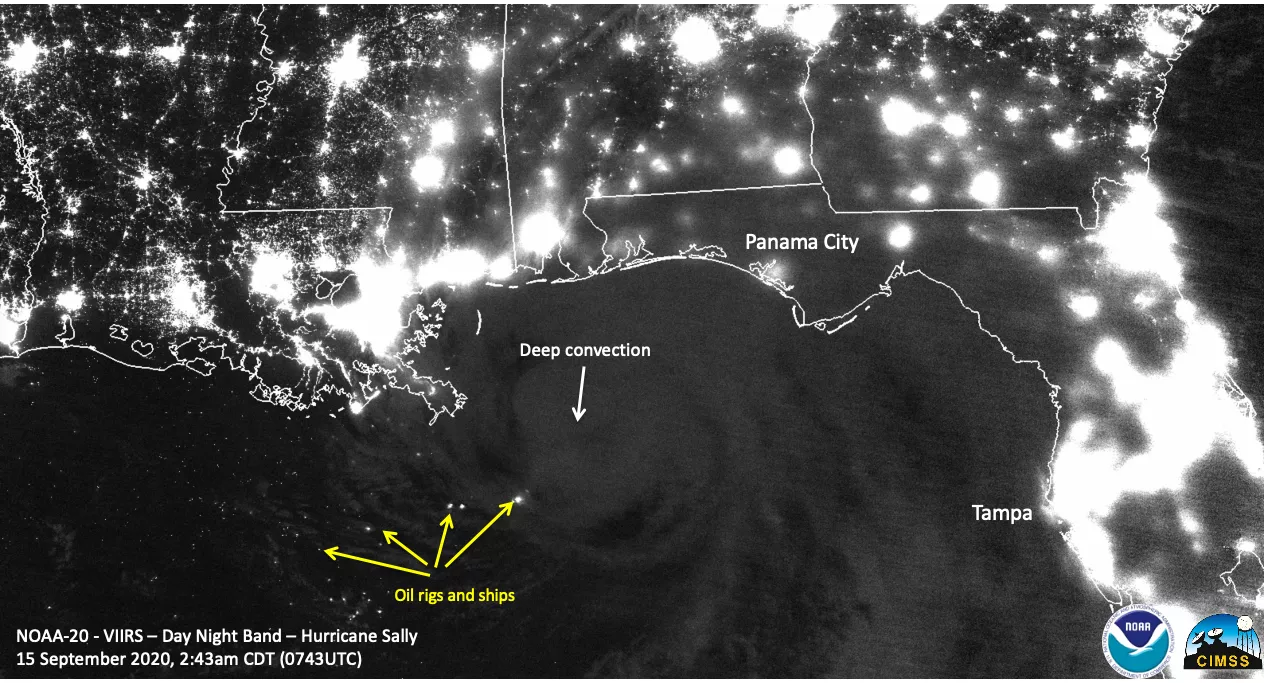 Day/Night Band image of the Gulf Coast, taken by the NOAA-20 satellite on Sept. 15, 2020.