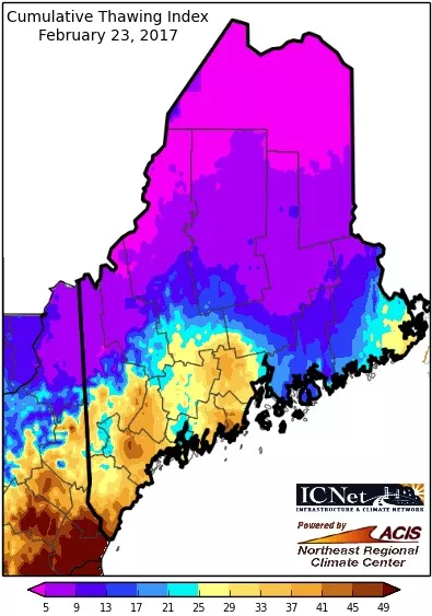 This image, from the Northeast Regional Climate Center’s Roadway Freeze-Thaw interface, shows portions of Maine (in yellow to brown) using the cumulative thawing index