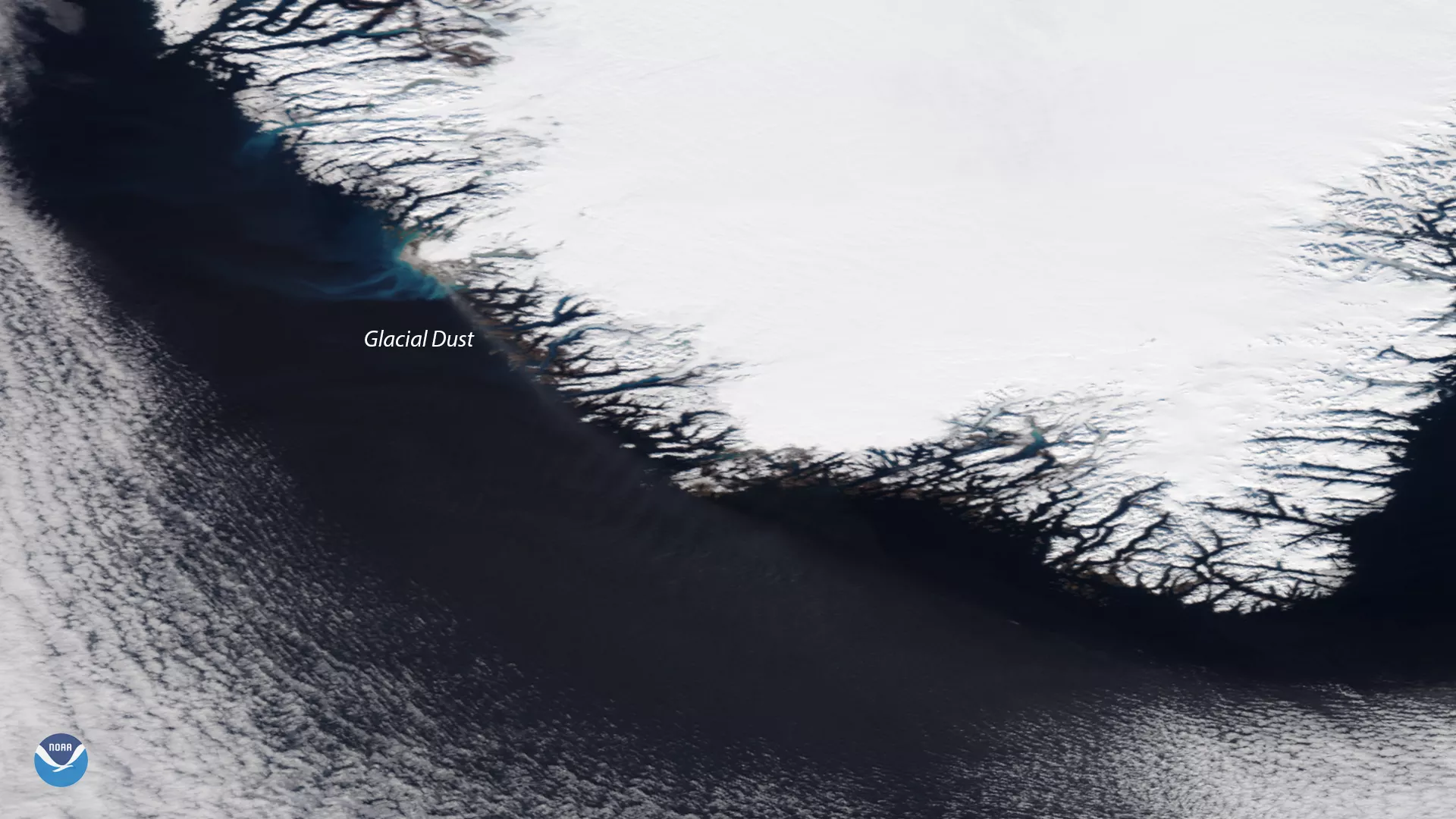 NOAA-20 captured a rarely seen plume of high-latitude dust off the coast of Greenland on October 14, 2018.