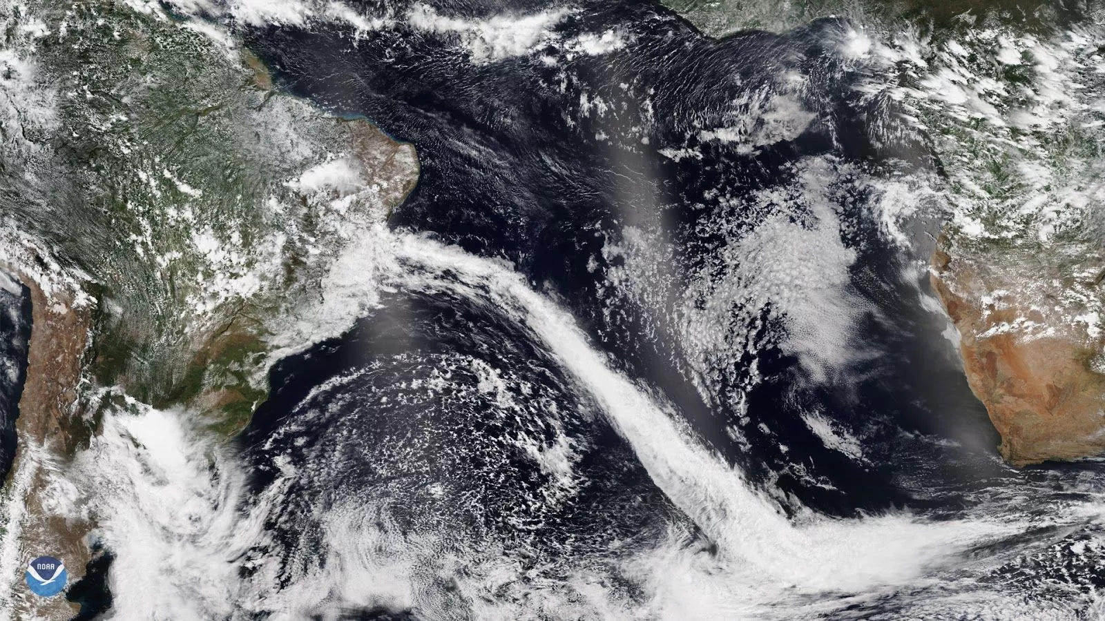 On Nov. 25, NOAA-20 captured this TrueColor image of the Atlantic coastline of Brazil, with a sharp cold front originating from Antarctica.