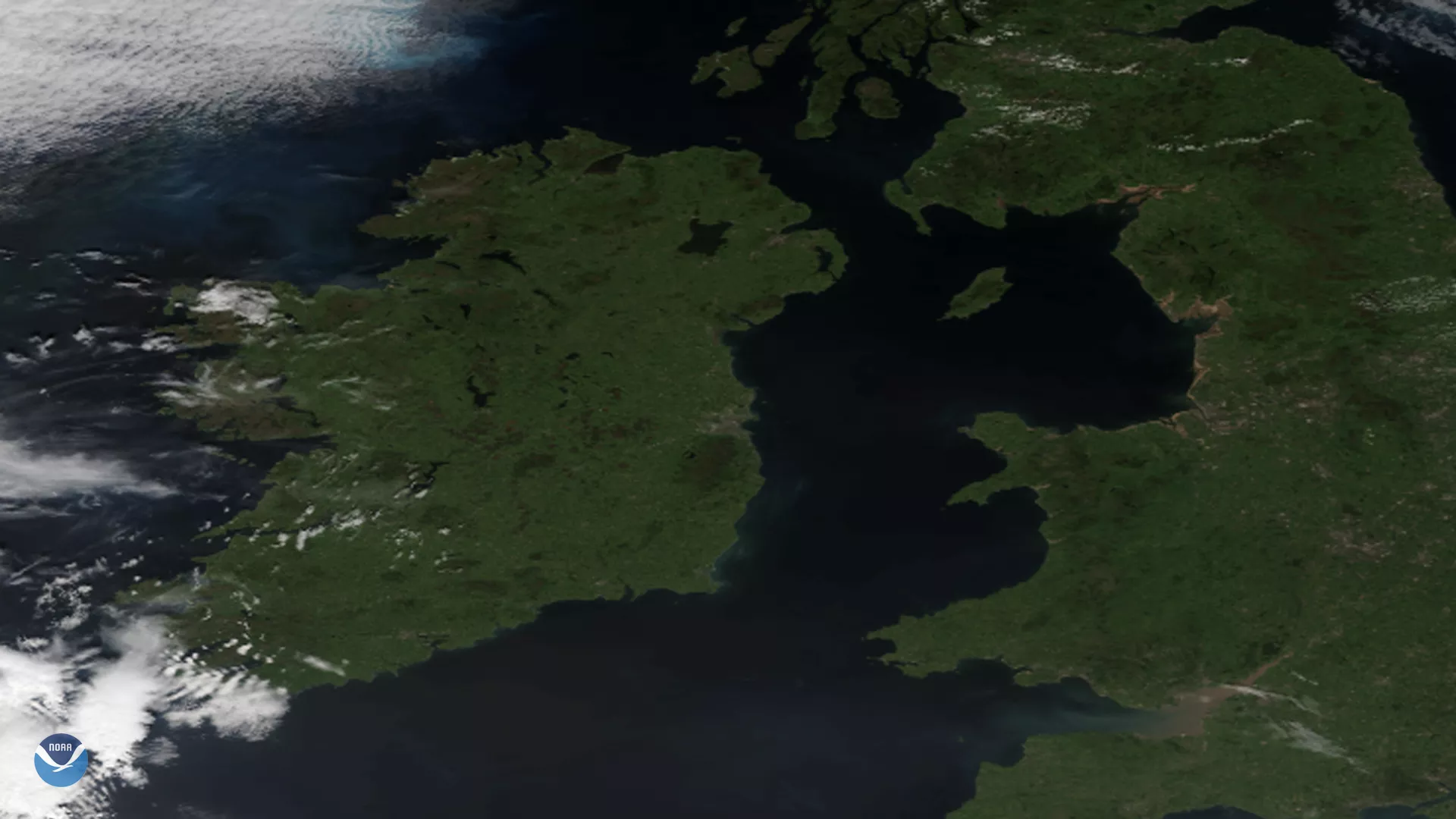 TrueColor imagery of Ireland, Northern Ireland, and Great Britain, taken by NOAA-20 on June 27, 2019.