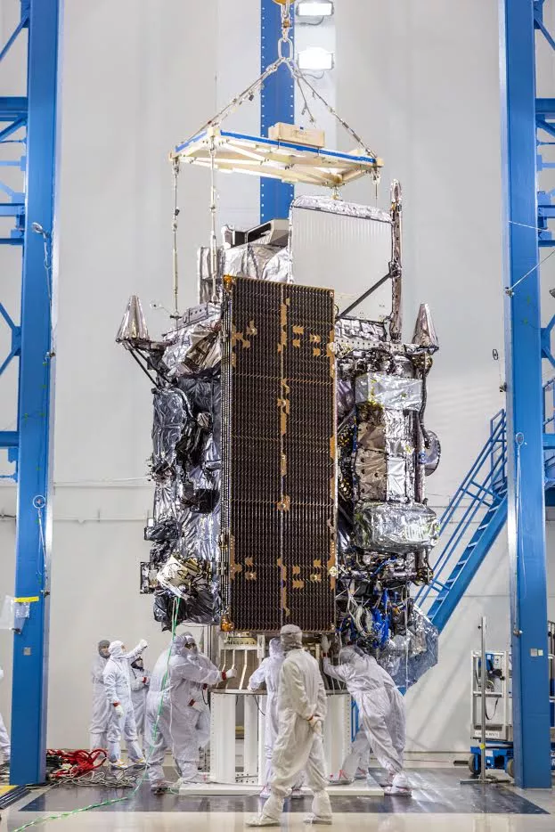 Engineers prepare GOES-S for acoustics testing at Lockheed Martin in Littleton, Colorado, in November, 2016.