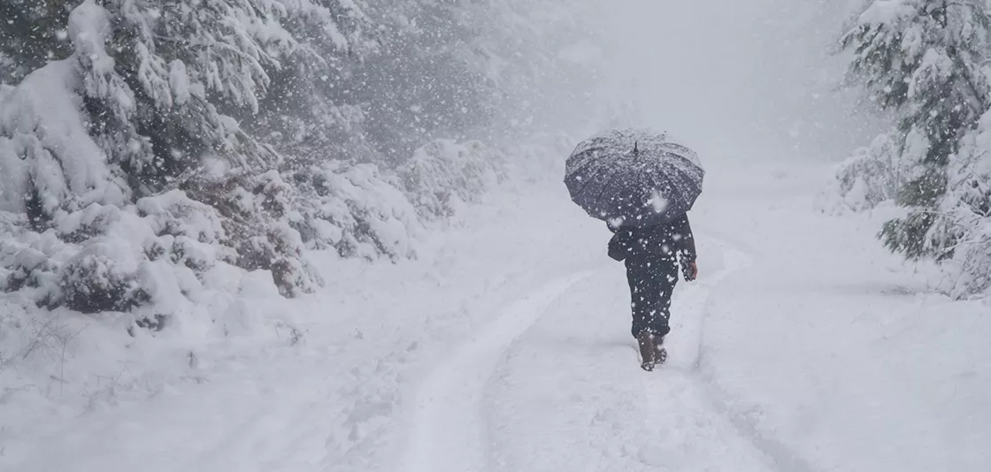 Image a person walking in snow