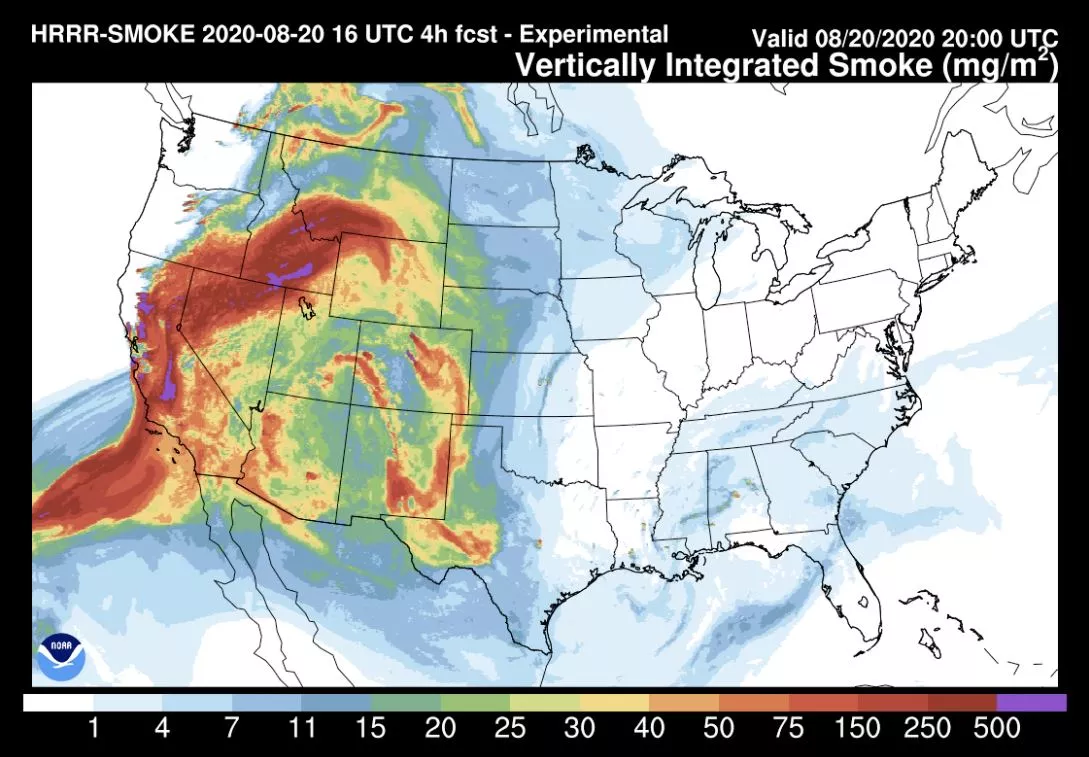 HRRR Vertically Integrated Smoke imagery from June 2020, showing smoke spread from West Coast along with color legend. 