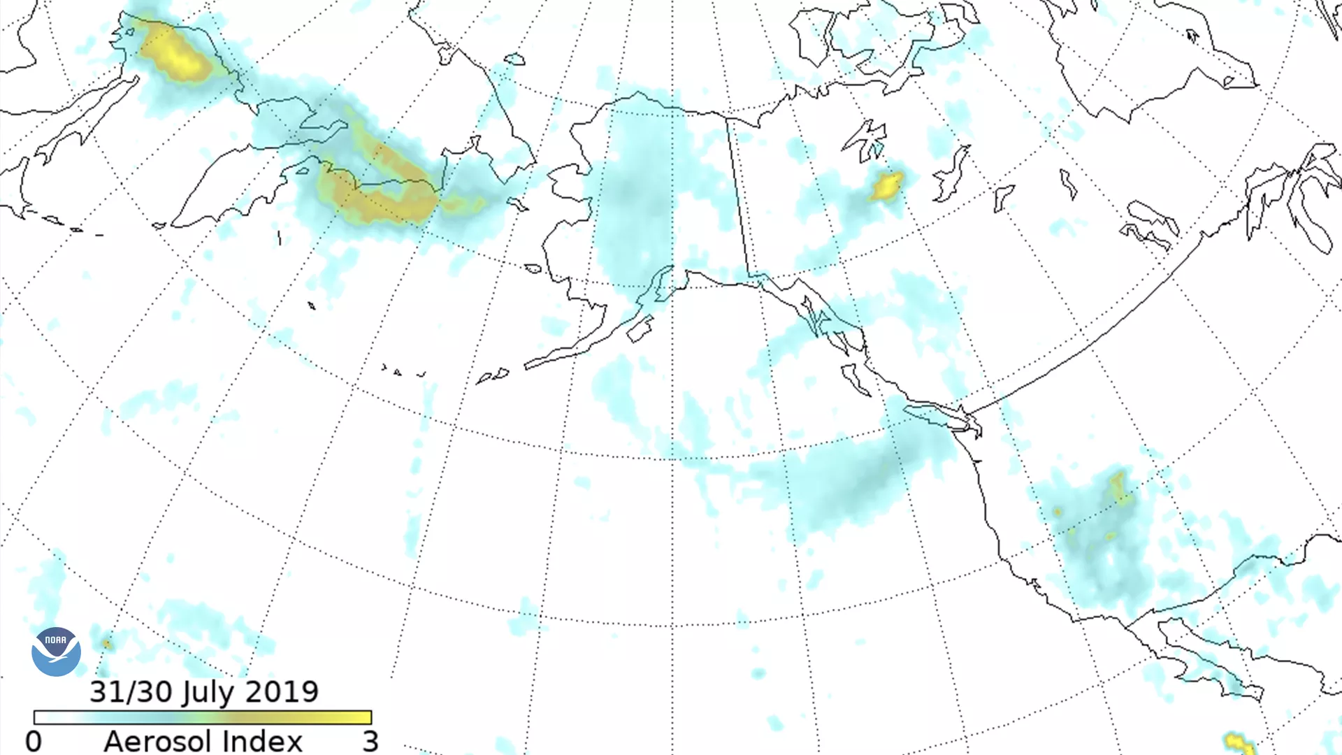 The Suomi-NPP Ozone Mapping and Profiler Suite (OMPS) aerosol index shows smoke moving across eastern Russia into Alaska, down the west coast of Canada and over Vancouver and Seattle.