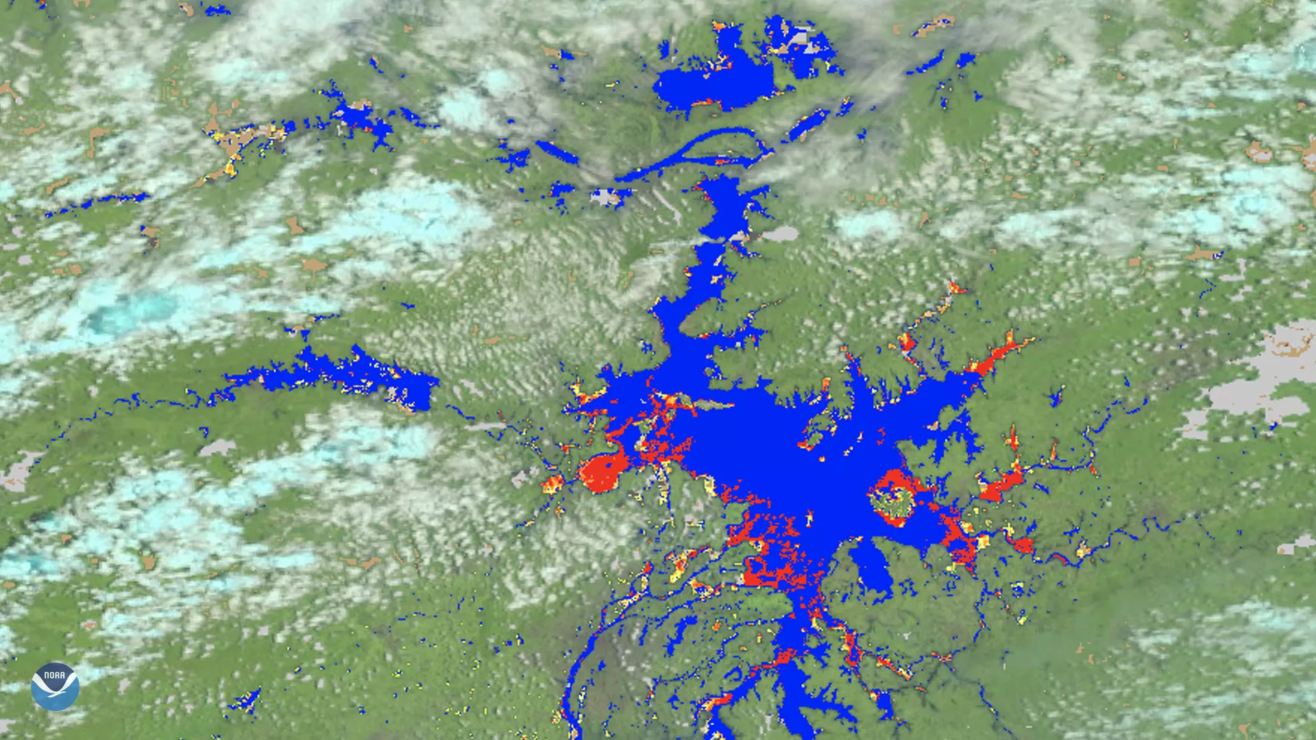 Areas of yellow, orange and red denote severe flooding around the Yangtze River Basin in Jiangxi province in China,